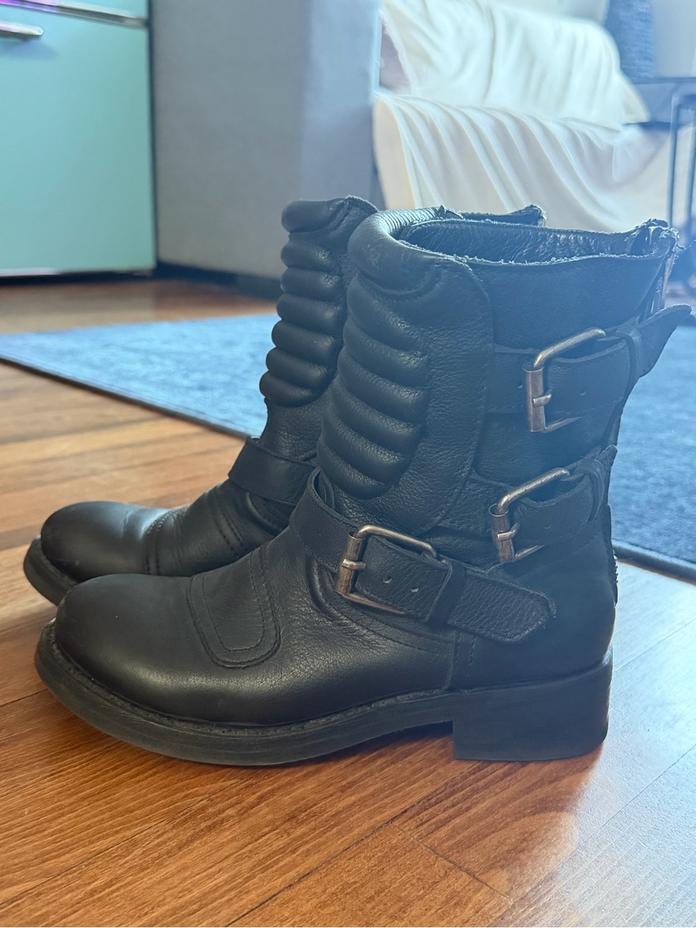 Black Leather Buckle Moto Boots - Women